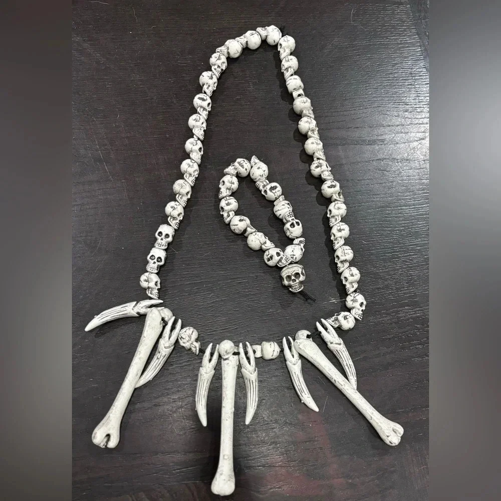 Costume Jewelry Skull & Bones Necklace Bracelet Caveman Halloween Voodoo